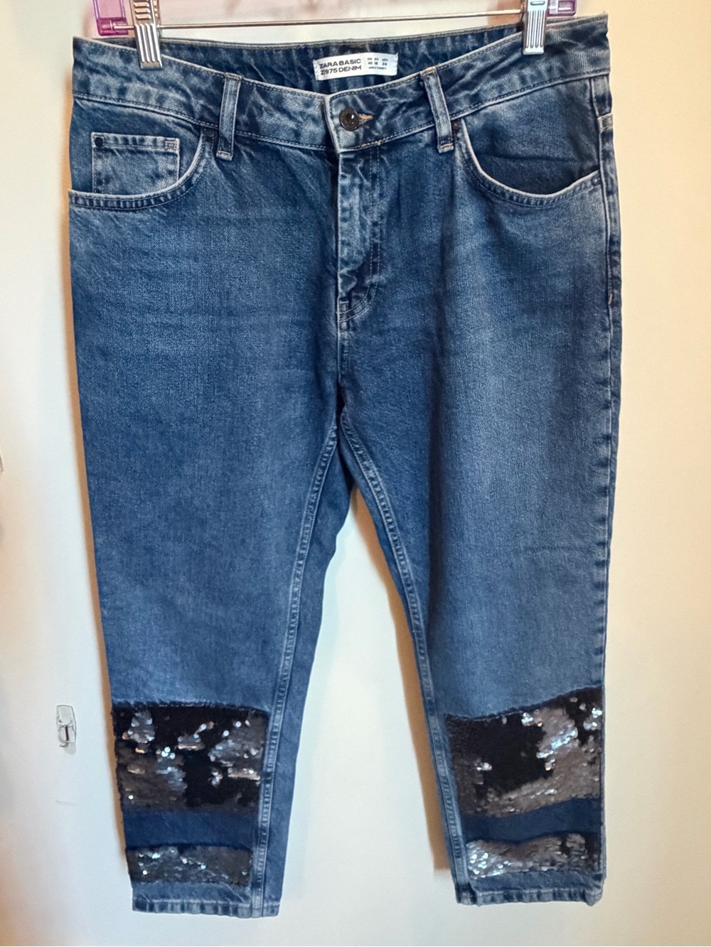 Zara Slim Straight Blue Denim Jeans with Sequin Knee Panels